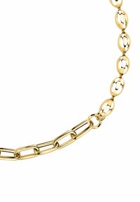 Collana in oro con segmenti ovali alternati e collegati, texture liscia con una finitura lucida, creando un design coerente.