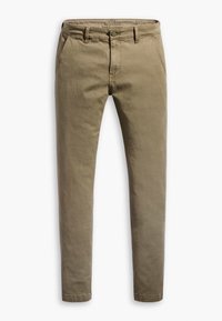 Khaki chinos i mjuk bomull, med knappstängning, sidofickor och rak bendesign. Strukturerad yta, utan mönster.