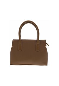 Sac à main en cuir brun texturé avec des poignées arrondies, mettant en valeur des accents en métal doré et une forme rectangulaire structurée.