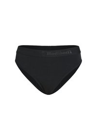 Schwarze hochgeschnittene Bikini-Unterwäsche aus glattem Material mit einem weichen Bund, der ein dezentes strukturiertes Logo zeigt.