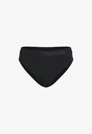 Culotte de bikini noire taille haute en tissu lisse avec une ceinture douce arborant un logo texturé subtil.