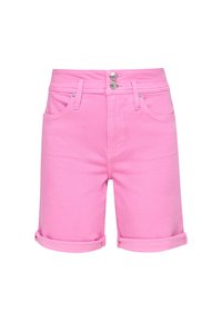 Shorts de mezclilla rosa de talle alto con dobladillos enrollados, bolsillos frontales, pasadores para cinturón y dos botones plateados en la cintura.
