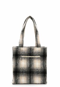 Borsa a mano in lana con un motivo a scacchi nero e crema, dotata di due manici e una tasca frontale con zip. Texture morbida.