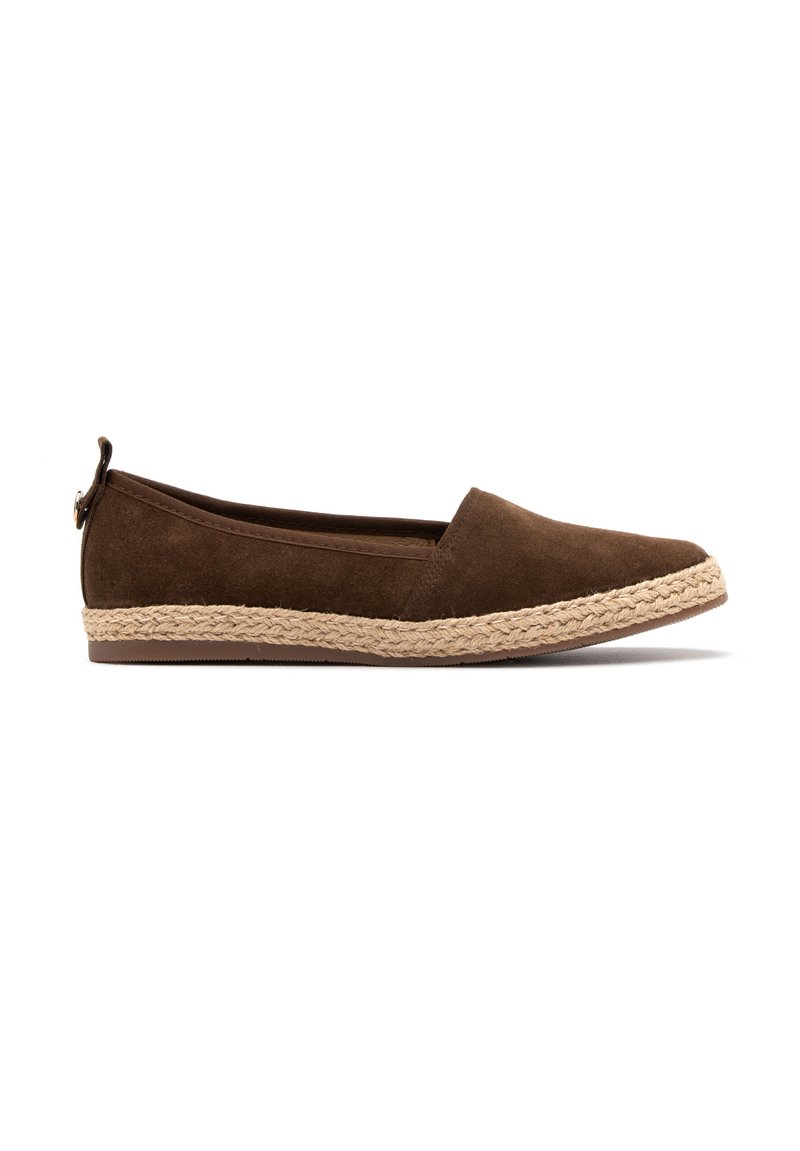 Brown suede espadrille with a braided jute sole and a brown trim. Features a rounded toe and a small heel at the back with a loop.