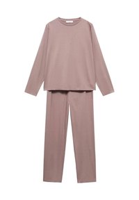 Ensemble de loungewear en tissu doux et léger mauve, comprenant un haut à manches longues avec un col rond et un pantalon droit pour plus de confort.