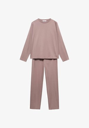 Set di abbigliamento casual in morbido e leggero tessuto malva, composto da una maglietta a maniche lunghe con scollatura rotonda e pantaloni a gamba dritta per il massimo comfort.