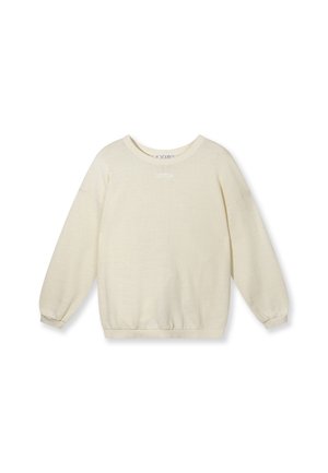 Cremefarbener Pullover mit Rundhalsausschnitt und langen Ärmeln, gerippte Bündchen an Ärmelenden und Saum, flach auf weißem Hintergrund liegend dargestellt.