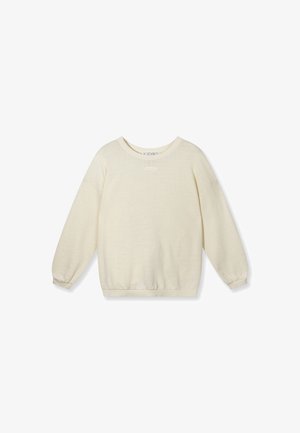 Maglione a maniche lunghe color crema con scollo a girocollo, polsini e orlo a coste, mostrato disteso su sfondo bianco.