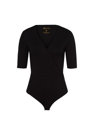 Bodysuit noir à côtes avec un décolleté en V profond, des manches trois-quarts et une taille cintrée. Fabriqué en matériau doux et extensible.