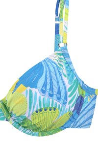 Multikleurige bikini met een tropisch bladerenpatroon in blauw, groen en geel. Heeft verstelbare banden en een gestructureerde stofafwerking.