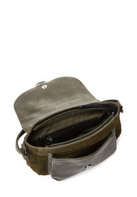 Bolso de tela con una mezcla de cuero verde oliva y gamuza. Presenta un cierre de solapa con un botón a presión de metal, múltiples compartimentos y un acabado texturizado.