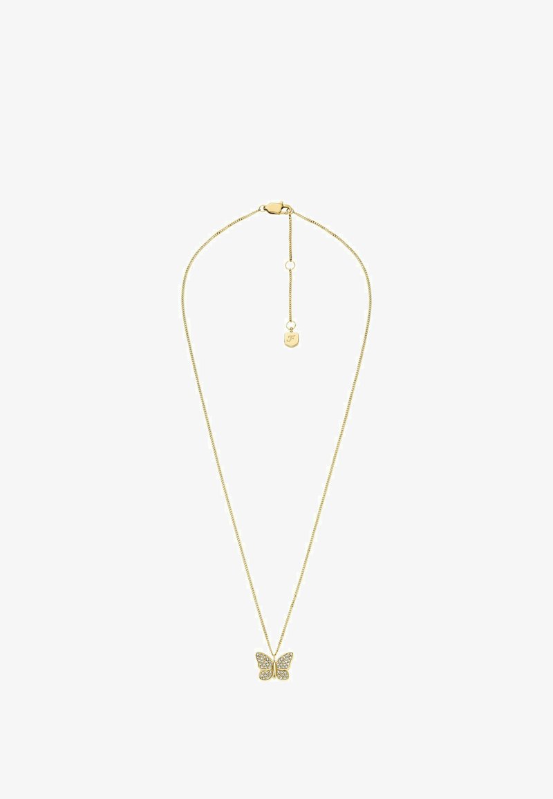Collana oro con pendente a forma di farfalla adornato con pietre brillanti, caratterizzata da una delicata catena e un piccolo ciondolo con una lettera incisa.
