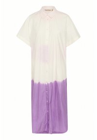 Rochie camasa cu butoni, in degrade alb si lavanda, avand guler ascutit si maneci scurte, realizata dintr-un material usor.