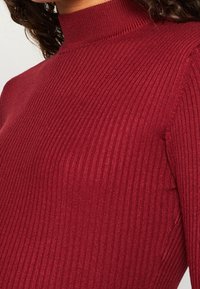 Rippstrick-Top in tiefrot mit hohem Kragen. Das Top hat eine taillierte Passform und eine weiche Textur, die die enganliegende Silhouette betont.