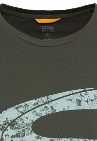 Grøn økologisk bomulds T-shirt med rund halsudskæring. Har et stort, falmet lyseblåt abstrakt design på forsiden. Størrelsesmærke: L.