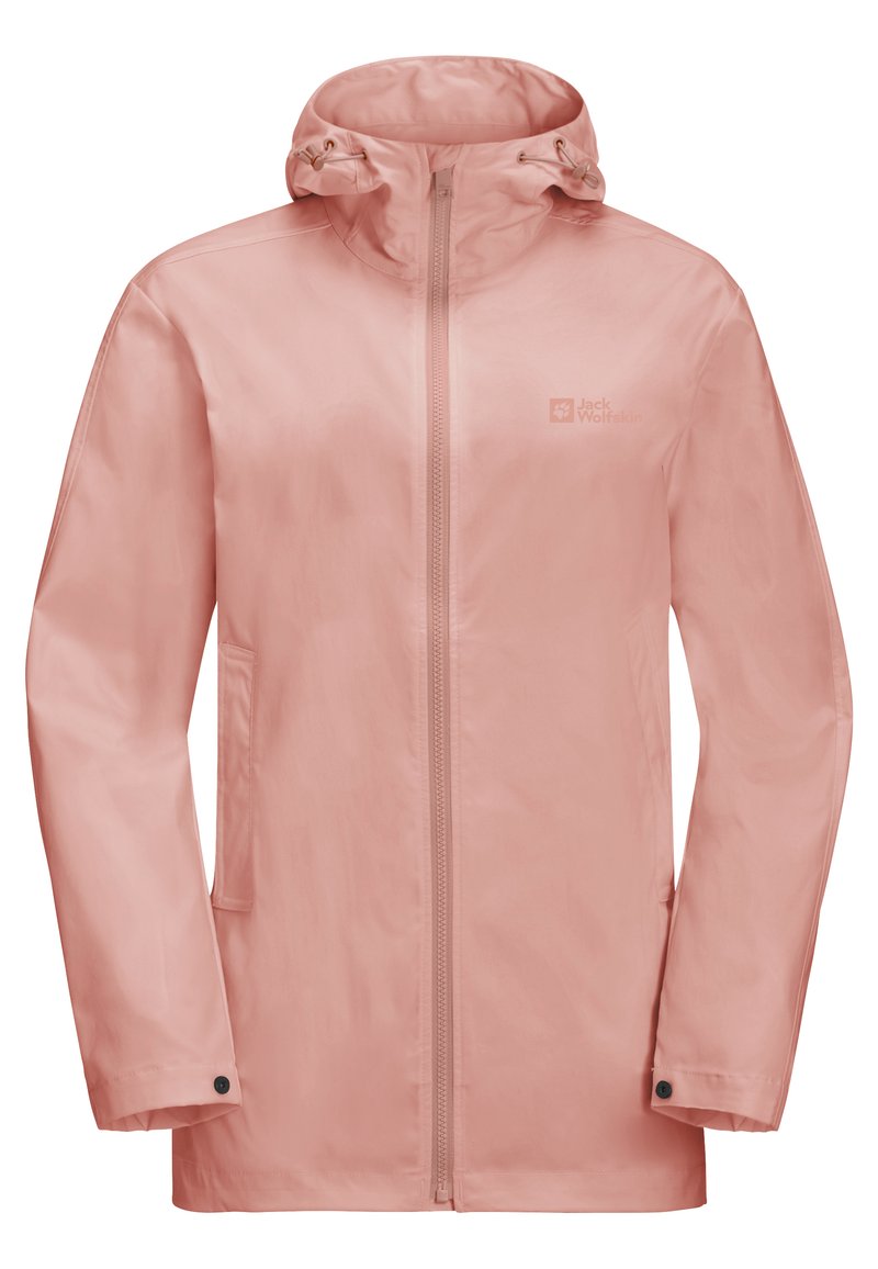 Hellrosa wasserdichte Jacke mit Kapuze, Frontreißverschluss und zwei seitlichen Taschen. Verfügt über einen verstellbaren Kordelzug und geknöpfte Manschetten.