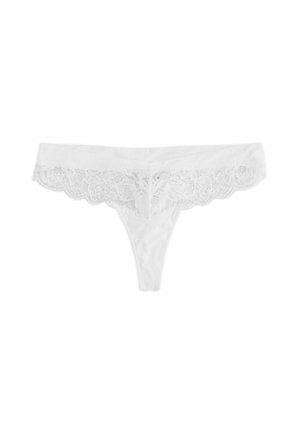 White thong underwear with a delicate lace waistband, featuring floral patterns and a smooth, soft fabric base.