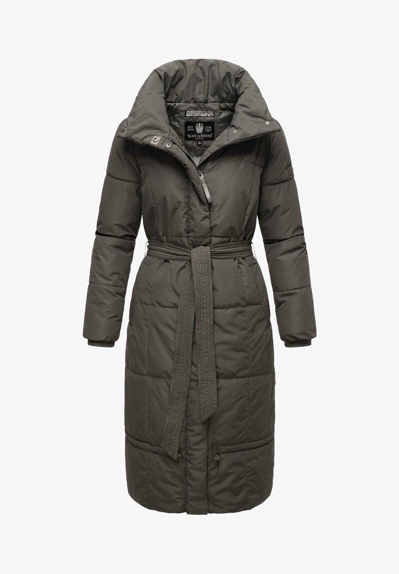 Padded long coat in dark gray, featuring a high collar, belted waist, and horizontal stitching. Includes front zip pockets and a zipper closure.