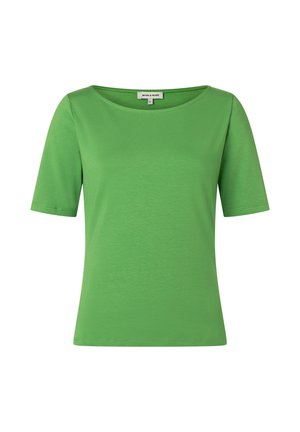 Grünes, kurzärmeliges, figurbetontes T-Shirt mit rundem Ausschnitt, aus glattem Stoff, Größe 36, mit dem Label „MORE & MORE“ am Kragen.