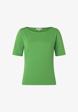 Grünes, kurzärmeliges, figurbetontes T-Shirt mit rundem Ausschnitt, aus glattem Stoff, Größe 36, mit dem Label „MORE & MORE“ am Kragen.