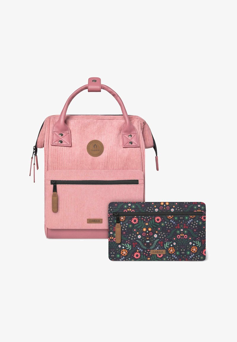 Pink corduroy backpack with leather accents and a front zipper pocket, paired with a floral-patterned black pouch featuring a zipper closure.