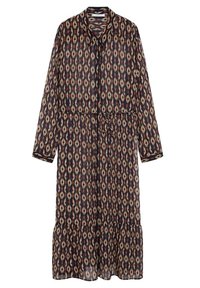 Vestido largo, estampado en colores oscuros con cintura ajustable, que presenta un dobladillo con volantes, mangas largas con puños y cuello.