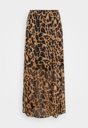 Leopardmønster maxi-skjørt i brune og svarte nyanser, laget av lett stoff med en flytende design og elastisk midjebånd.