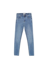 Jeans skinny de color azul claro, fabricados en denim, con una cintura alta, cinco bolsillos y un cierre clásico de botón y cremallera.