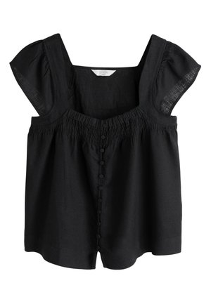 Schwarzes Leinen-Top mit Puffärmeln, eckigem Ausschnitt, gerafften Details auf der Brust und stoffbezogenen Knöpfen in der vorderen Mitte.