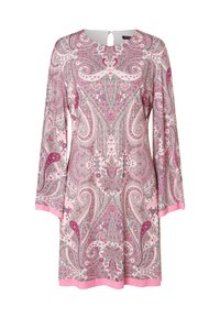 Paisley patterned dress in shades of pink and lavender, made from a smooth fabric, featuring three-quarter sleeves and a keyhole back detail.
