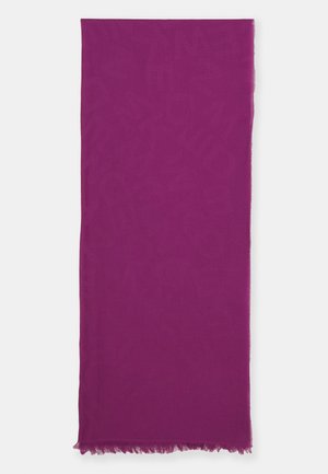 Écharpe rectangulaire solide de couleur violette avec un motif subtil et des bords à franges, étalée à plat sur un fond blanc.