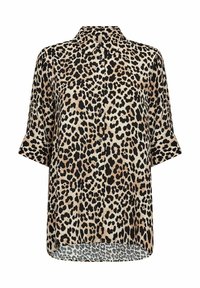 Košulja sa uzorkom leopard printa, dugmadima sprijeda, kratkih rukava, u nijansama bež, crne i smeđe boje, glatke teksture i s oštrim ovratnikom.