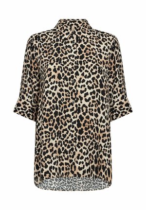 Leopard print button-up shirt with short sleeves, featuring shades of beige, black, and brown, smooth texture, and a pointed collar.