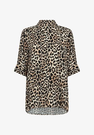Košeľa s krátkymi rukávmi s potlačou leopardích vzorov, v odtieňoch béžovej, čiernej a hnedej, s hladkou textúrou a špicatým golierom.