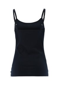 Schwarzes, tailliertes Tanktop mit dünnen verstellbaren Trägern, runder Ausschnitt und glatter Textur. Minimalistisches Design, ohne Muster oder Hardwaredetails.