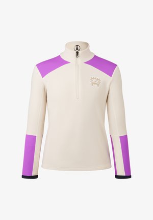 Krémový fleece pulovr s krátkým zipem, s fialovými akcenty na ramenou a rukávech. Obsahuje logo a má hladký povrch.