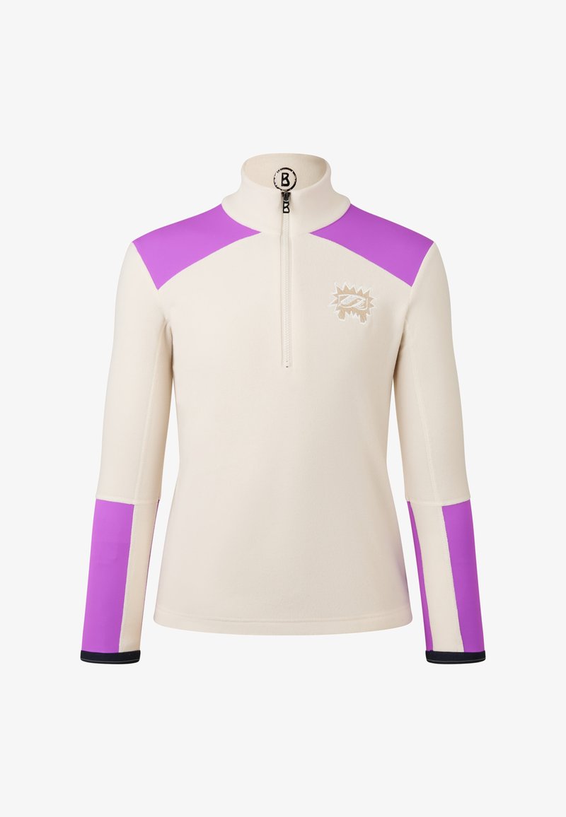 Fleece quarter-zip pullover i creme med lilla skuldre og ærmeaccenter. Indeholder et logo og har en glat tekstur.