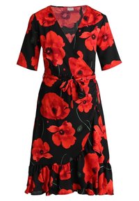 Černé zavinovací šaty s krátkými rukávy, zdobené květinovým vzorem červených máků, vázáním v pase a volánkovým lemem. Vyrobeno z lehkého materiálu.