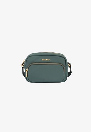 Sac bandoulière en nylon vert avec des zips dorés, comprenant une poche avant et une bandoulière ajustable. Logo BOGNER imprimé à l'avant.