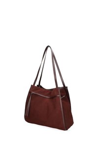 Borsa tote in suede marrone con manici in pelle liscia. Caratterizzata da una tasca frontale con zip e un ampio interno. Design strutturato e versatile.