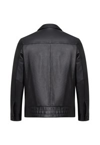 Zwarte neplederen jas met een gladde textuur, brede kraag en gedetailleerde stiksels. Voorzien van lange mouwen en een rechte zoom.