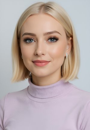 Lila Turtleneck-Pullover mit Struktur; blonde Haare im Bob geschnitten; silberne Ohrringe; klare blaue Augen; natürliches Make-up.