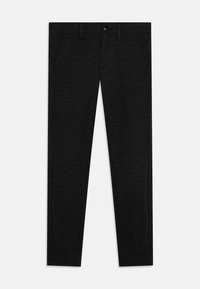 Pantaloni in cotone nero a taglio slim, con tasche frontali e chiusura con bottone. Texture liscia con un leggero motivo mélange.
