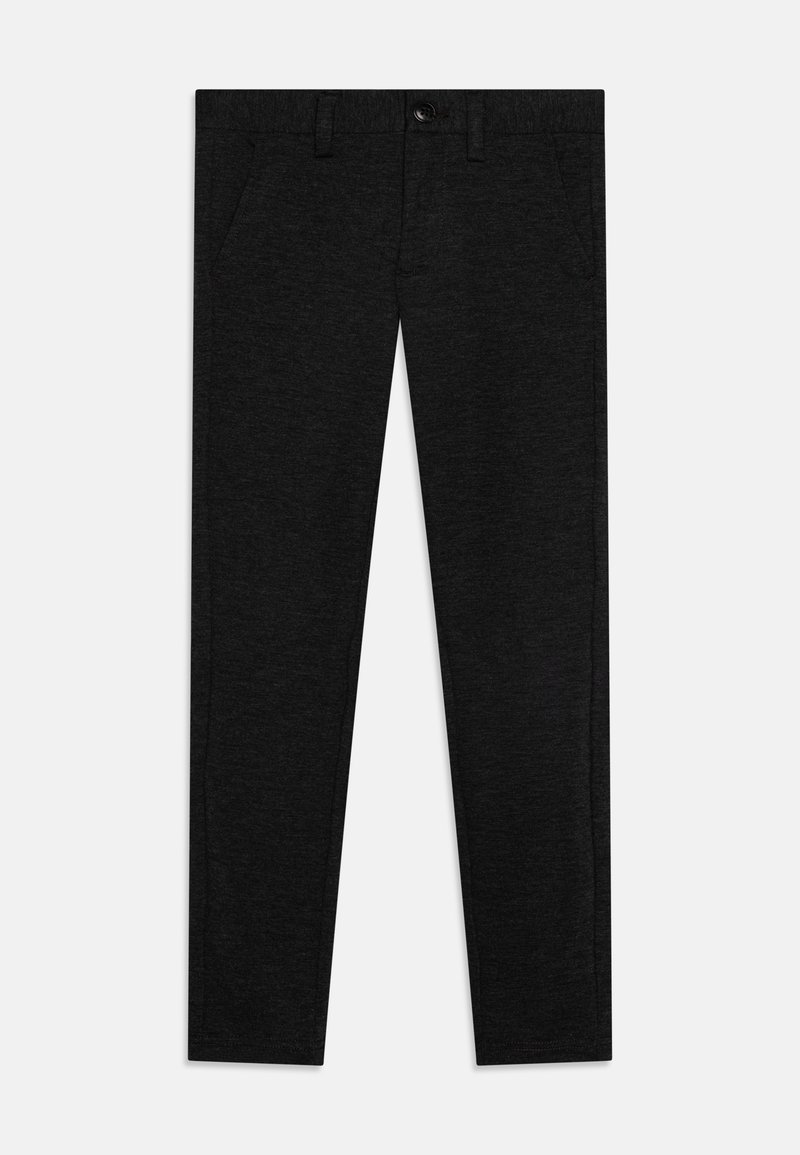 Pantaloni in cotone nero a taglio slim, con tasche frontali e chiusura con bottone. Texture liscia con un leggero motivo mélange.