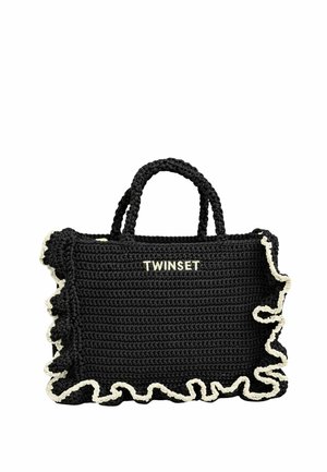 Borsa tote nera lavorata all'uncinetto con bordatura arricciata bianca e logo "TWINSET" in lettere bianche centrato sul davanti.