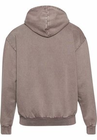 Bluźa z kapturem w kolorze szaro-fioletowym, z długimi rękawami, ściągaczami na mankietach i pasie, pokazana od tyłu na białym tle.