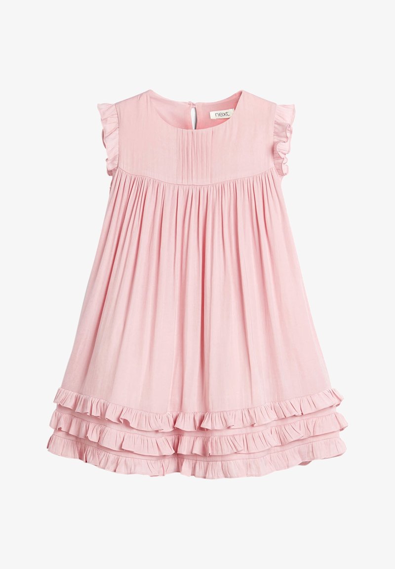 Helles rosa Kleid mit rundem Ausschnitt, kurzen schwingenden Ärmeln und gestuftem Rüschensaum. Mit Falten am Oberteil und einer Knopfverschluss auf der Rückseite.