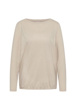 Long-sleeve top in light beige with subtle horizontal stripes, made of soft fabric with a relaxed fit and rounded neckline.