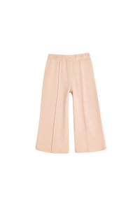 Lichtroze wijde broek met elastische tailleband en subtiele plooien. Gemaakt van een soepele stof met een relaxte pasvorm.