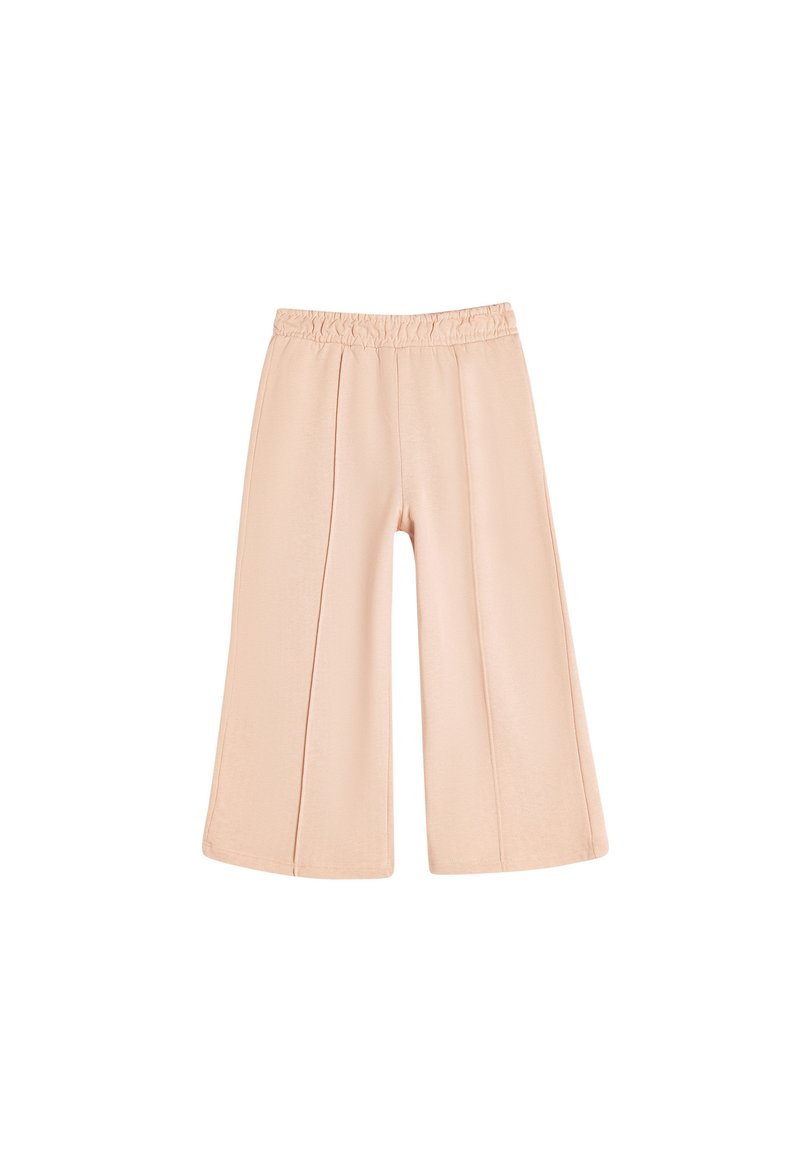 Lichtroze wijde broek met elastische tailleband en subtiele plooien. Gemaakt van een soepele stof met een relaxte pasvorm.